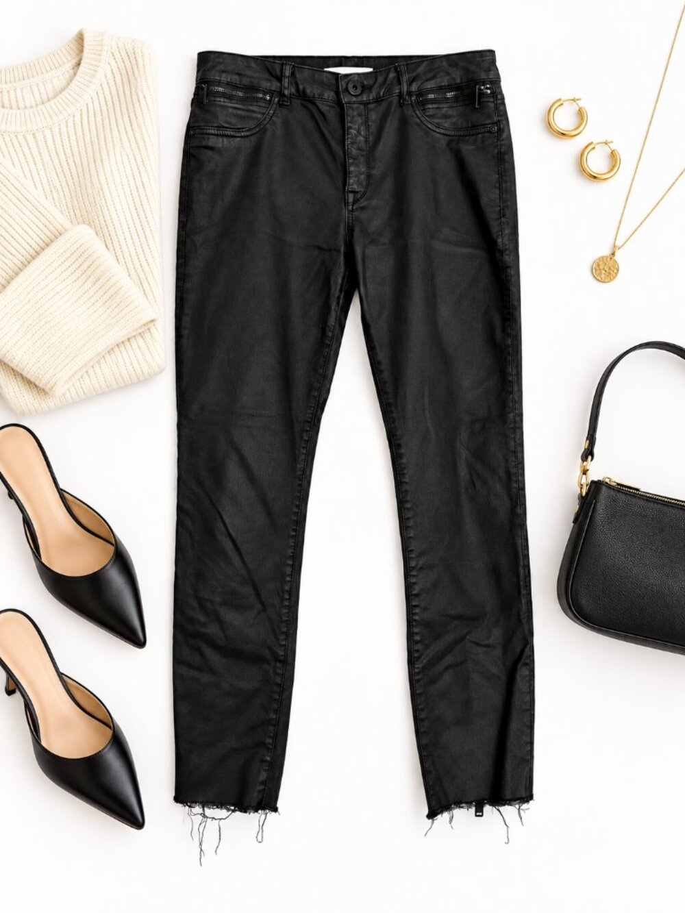 DL1961 Size 30 Black Coated Skinny Jeans Raw Hem Ankle Denim